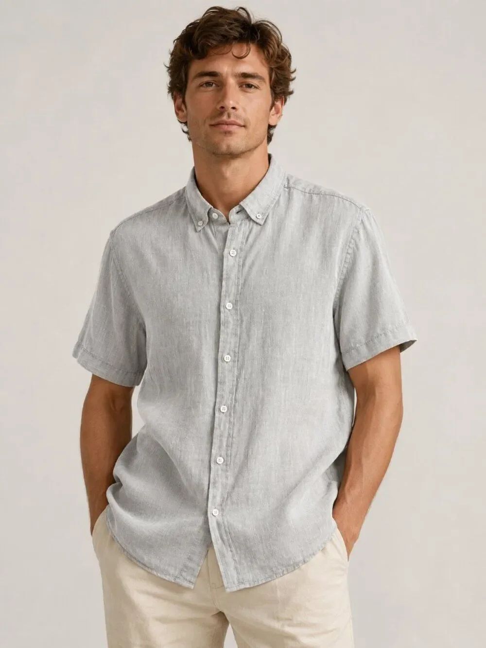 Report Collection Heritage 100% Linen Shirt Large Gray Coastal Button Down